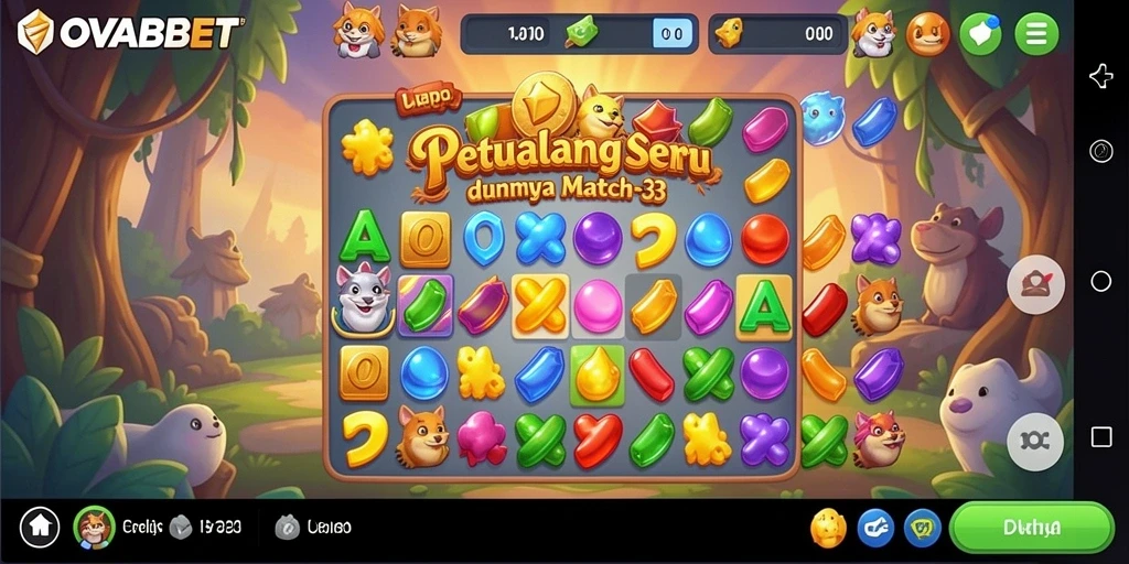 Screenshot utama OVABET yang menampilkan gameplay Match-3 yang seru dan menantang.