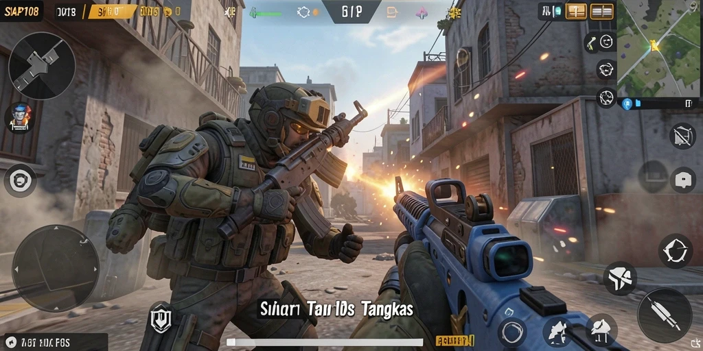 Tangkapan layar gameplay SIAP108 menampilkan aksi tembak-menembak yang intens.
