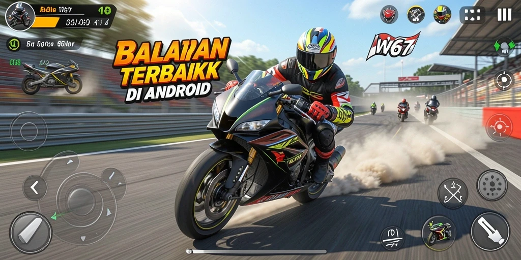 Tampilkan gameplay W67 balapan motor yang mendebarkan.