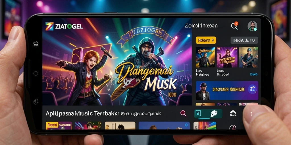 Screenshot ZIATOGEL menampilkan antarmuka pengguna dengan berbagai pilihan lagu musik.